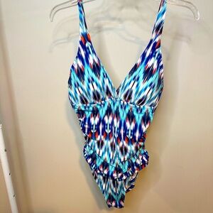 Liz Claiborne Ikat One Piece Swimsuit‎ Ruched - Blue White Tribal Print | Sz 10